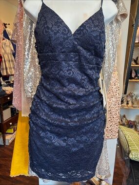 Emerald Sundae Navy Lace V-Neck Ruched Mini Dress